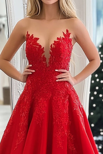 Rød Prinsesse Kjæreste Sateng Applique Lang Ballkjole